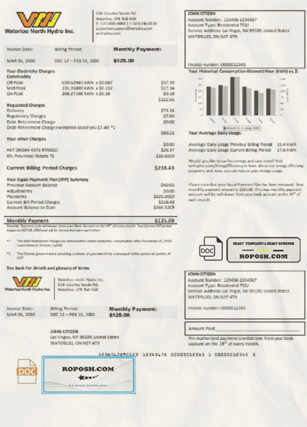 USA Nevada Waterloo North Hydro utility bill template in Word and PDF format