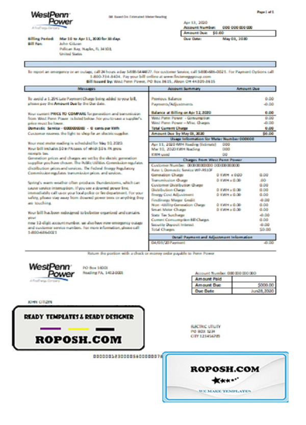 USA Pennsylvania West Penn Power utility bill template in Word and PDF format
