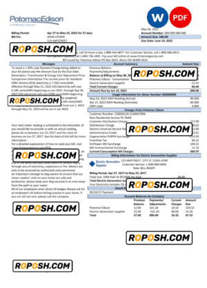 USA Maryland Potomac Edison utility bill, Word and PDF template, 2 pages