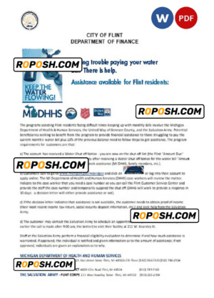 USA City of Flint Michigan Department of Finance utility bill shutoff notice, Word and PDF template