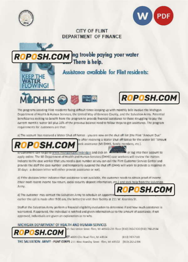 USA City of Flint Michigan Department of Finance utility bill shutoff notice, Word and PDF template