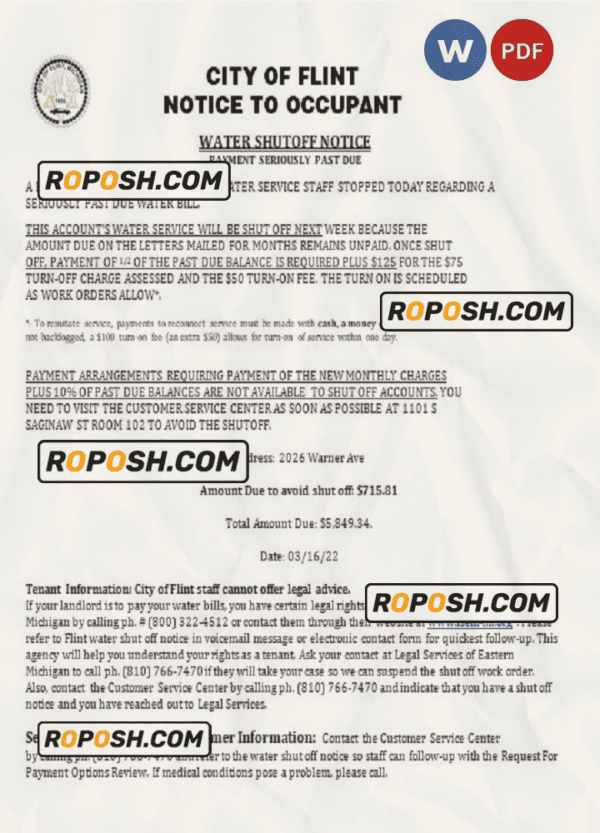 USA City of Flint Michigan Notice to occupant water utility bill shutoff notice, Word and PDF template