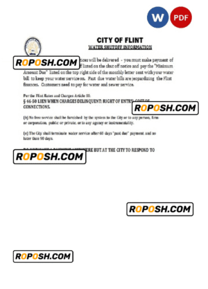 USA City of Flint Michigan water utility bill shutoff notice, Word and PDF template, version 2