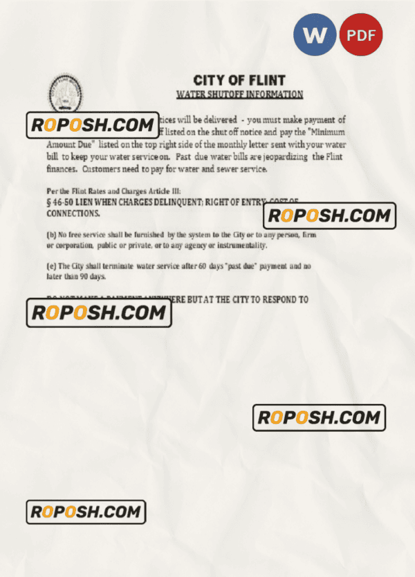 USA City of Flint Michigan water utility bill shutoff notice, Word and PDF template, version 2