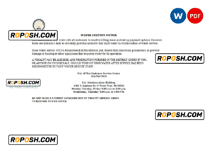 USA City of Flint Michigan water utility bill shutoff notice, Word and PDF template, version 3