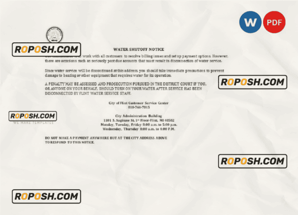 USA City of Flint Michigan water utility bill shutoff notice, Word and PDF template, version 3
