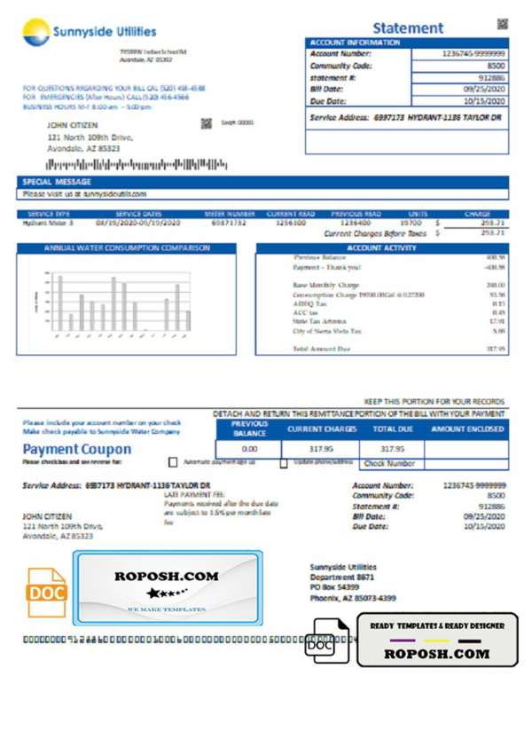 USA Washington Sunnyside Utilities water utility bill template in Word and PDF format