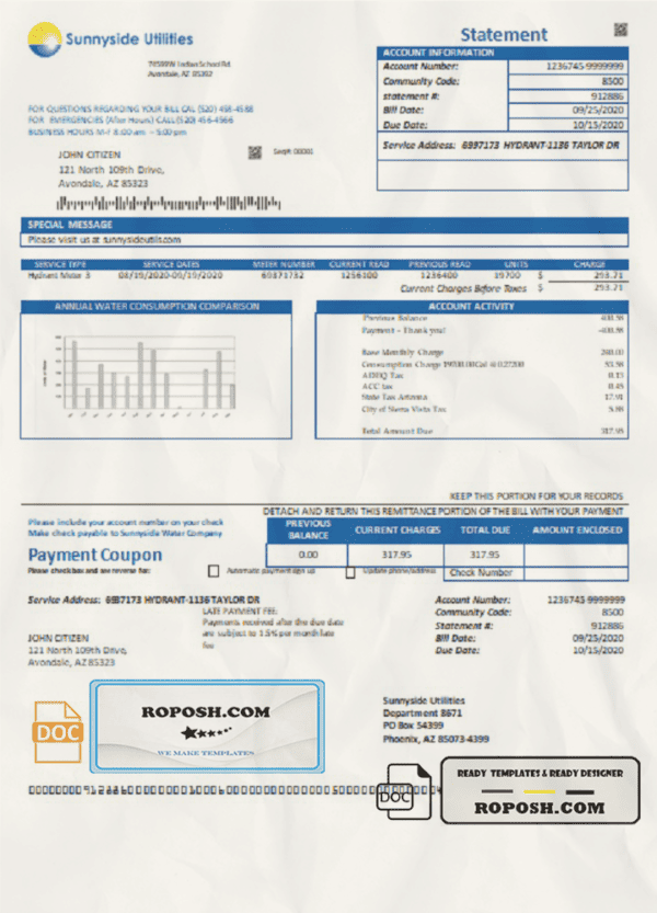 USA Washington Sunnyside Utilities water utility bill template in Word and PDF format