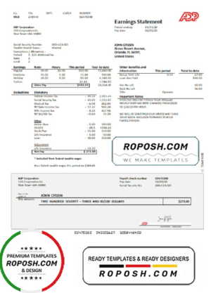 USA ADP Earnings statement template in Word and PDF format