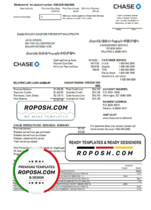 USA Chase bank Mastercard card statement easy to fill template in Word and PDF format