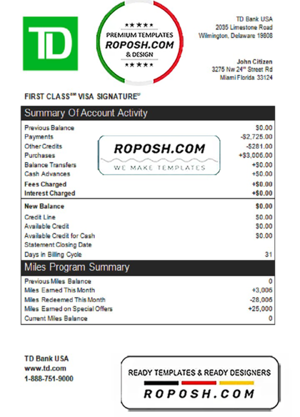 USA TD bank credit card statement template in Word and PDF format