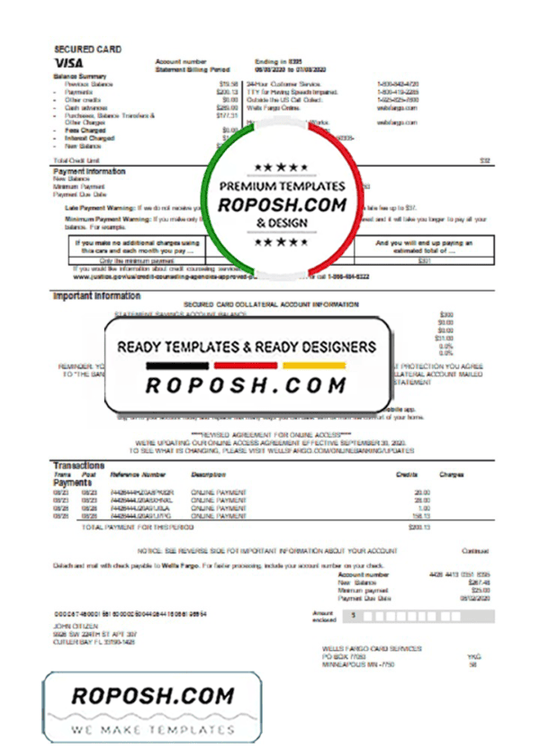 USA Wells Fargo bank credit card statement template in Word and PDF format