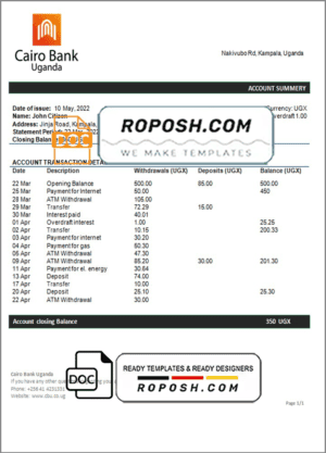 Uganda Cairo bank statement template in Word and PDF format