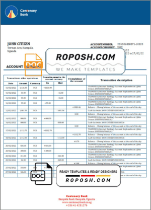 Uganda Centenary bank statement template in Word and PDF format