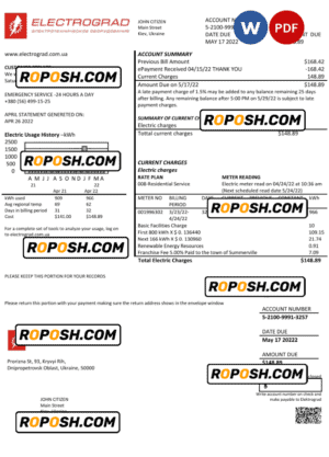 Ukraine Elektrograd electricity utility bill template in Word and PDF format