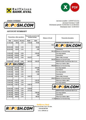 Ukraine Raiffeisen bank statement, Excel and PDF template