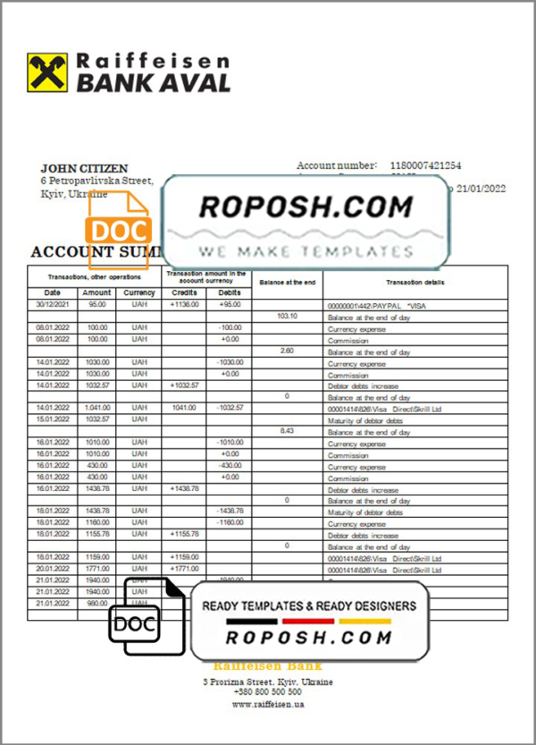 Ukraine Raiffeisen Bank statement template, Word and PDF format (.doc and .pdf)