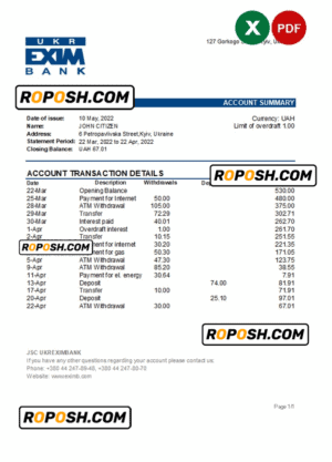 Ukraine Ukreximbank bank statement, Excel and PDF template