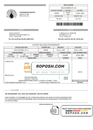 Ukraine Vodokanal Donetsk (Донецькмиськводоканал) utility bill template in Word and PDF format