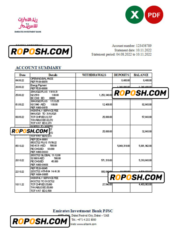 UAE Emirates Investment Bank statement, Excel and PDF template