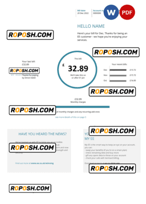 United Kingdom BT telecommunications utility bill template in Word and PDF format, version 1
