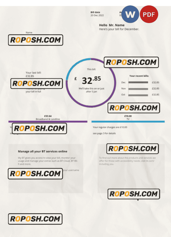 United Kingdom BT telecommunications utility bill template in Word and PDF format, version 2