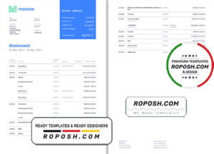 United Kingdom Monese bank statement template in Excel and PDF format, 2 pages
