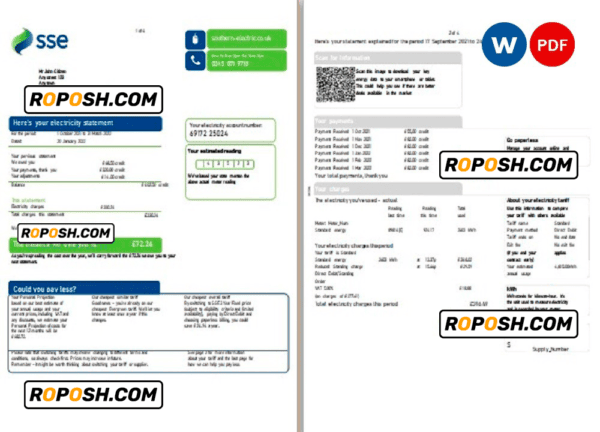 United Kingdom SSE Energy utility bill, Word and PDF template, 4 pages