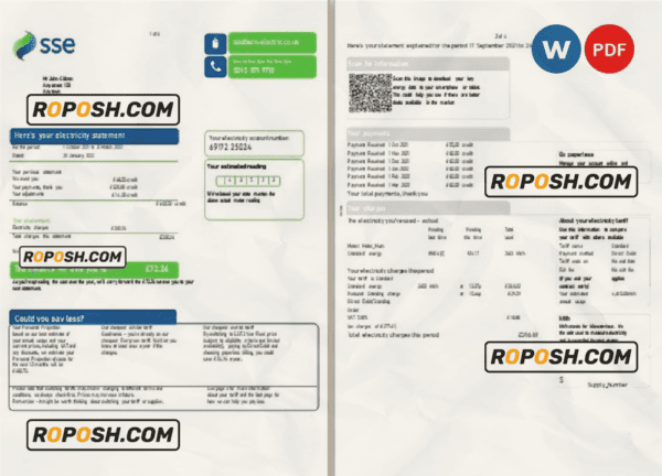 United Kingdom SSE Energy utility bill, Word and PDF template, 4 pages