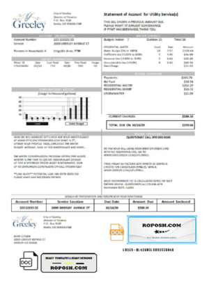 USA Colorado City of Greeley water utility bill template in Word and PDF format