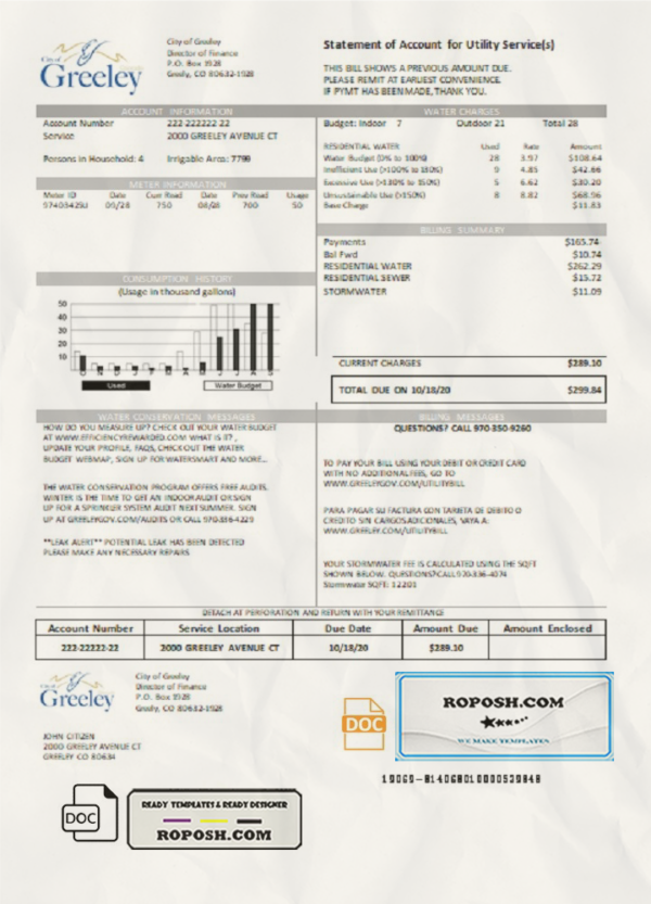USA Colorado City of Greeley water utility bill template in Word and PDF format scan effect