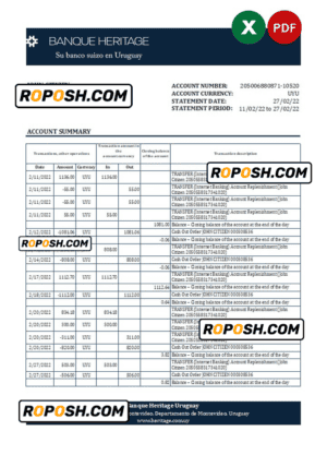 Uruguay Banque Heritage bank statement, Excel and PDF template