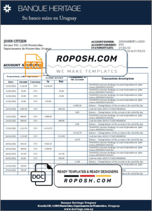 Uruguay Banque Heritage bank statement template in Word and PDF format