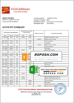 Saint Vincent and The Grenadines First Caribbean International Bank statement template in Excel and PDF format