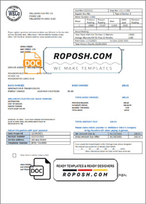 USA Pennsylvania Wellsboro Electric utility bill template in Word and PDF format