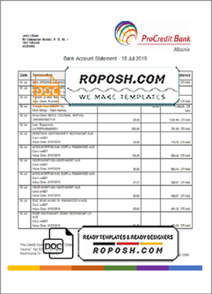 Albania ProCreditBank proof of address bank statement Word and PDF template, .doc and .pdf format