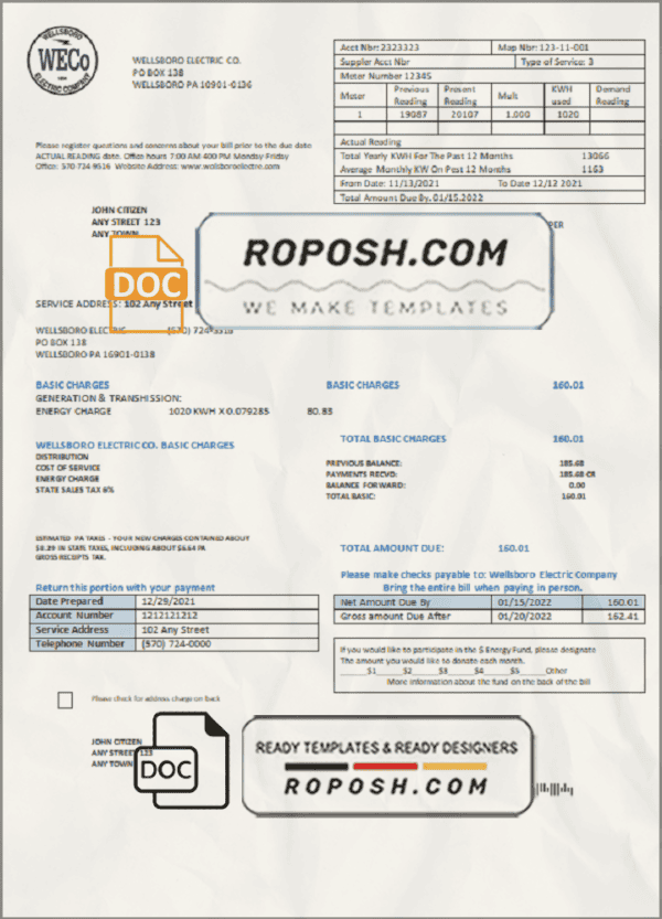 USA Pennsylvania Wellsboro Electric utility bill template in Word and PDF format