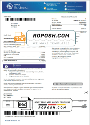 Philippines Globe Business utility bill template in Word and PDF format