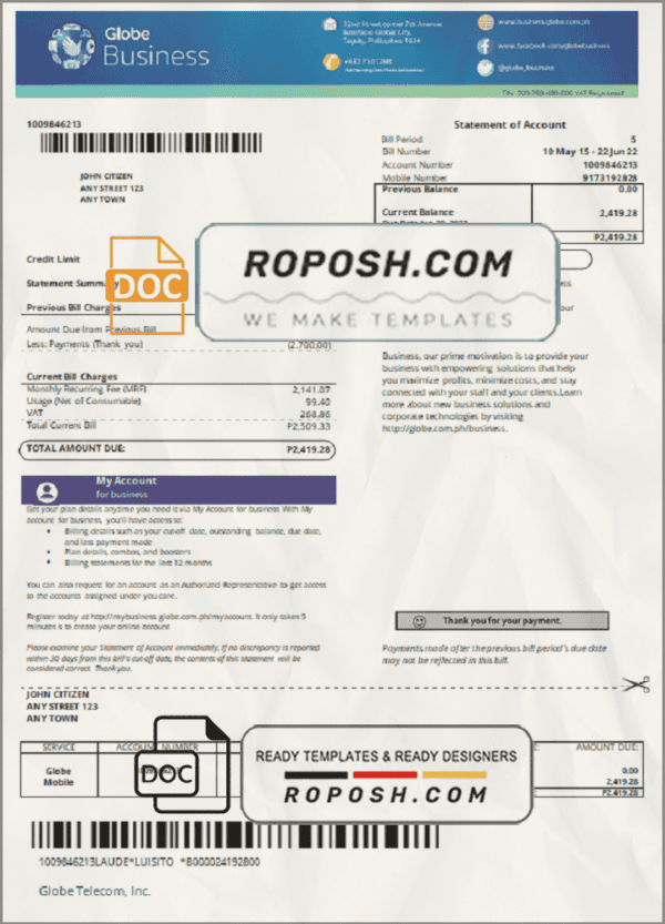Philippines Globe Business utility bill template in Word and PDF format
