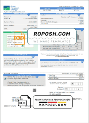 USA Green Mountain Energy utility bill template in Word and PDF format