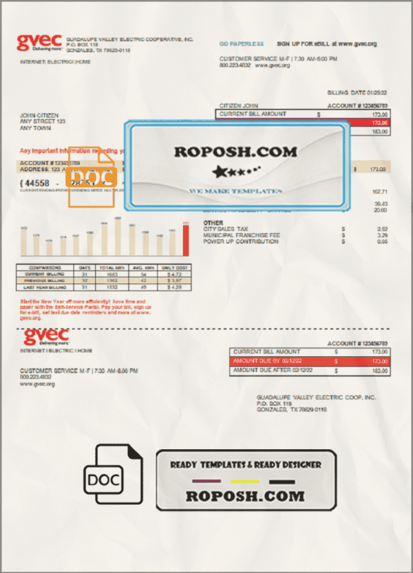 USA Texas GVEC utility bill template in Word and PDF format