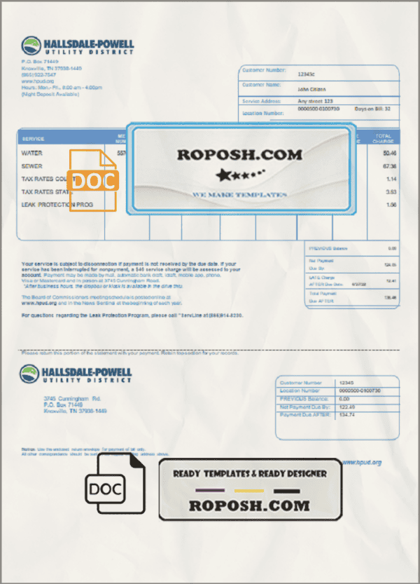 USA Hallsdale-Powell utility bill template in Word and PDF format