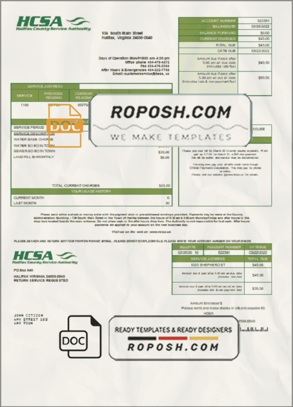 USA Virginia HCSA utility bill template in Word and PDF format