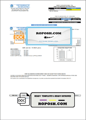 USA New York Port Washington Water District utility bill template in Word and PDF format