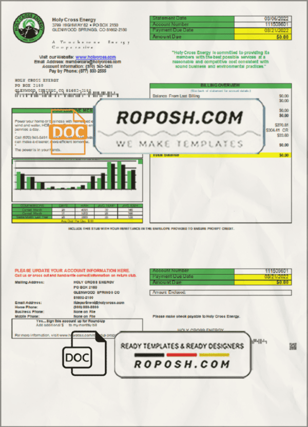 USA Colorado Holy Cross Energy utility bill template in Word and PDF format