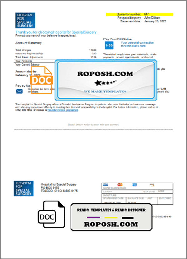 USA Ohio Hospital For Special Surgery utility bill template in Word and PDF format