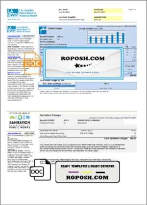 USA LA DWP utility bill template in Word and PDF format