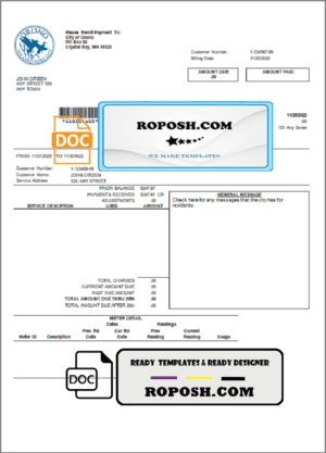 USA Nevada Orono The Lakehore City utility bill template in Word and PDF format