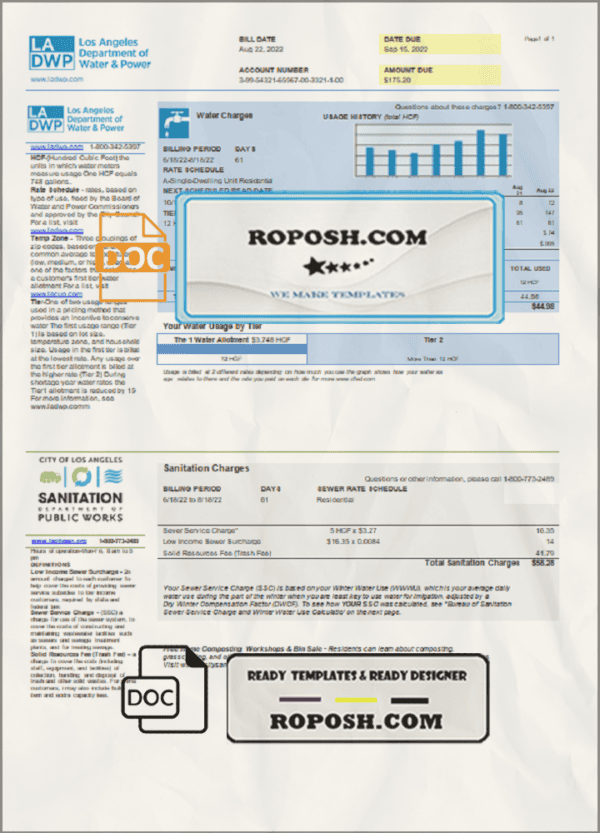USA LA DWP utility bill template in Word and PDF format