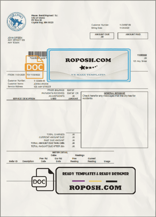 USA Nevada Orono The Lakehore City utility bill template in Word and PDF format